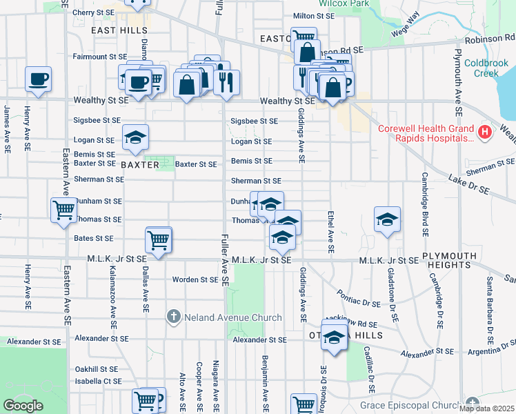map of restaurants, bars, coffee shops, grocery stores, and more near 1235 Dunham Street Southeast in Grand Rapids