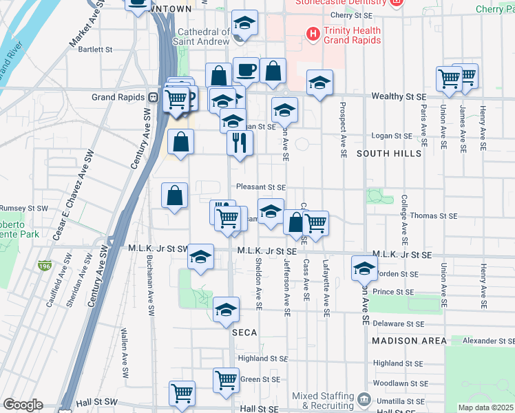 map of restaurants, bars, coffee shops, grocery stores, and more near 2390 Cornwall Avenue Southeast in Grand Rapids