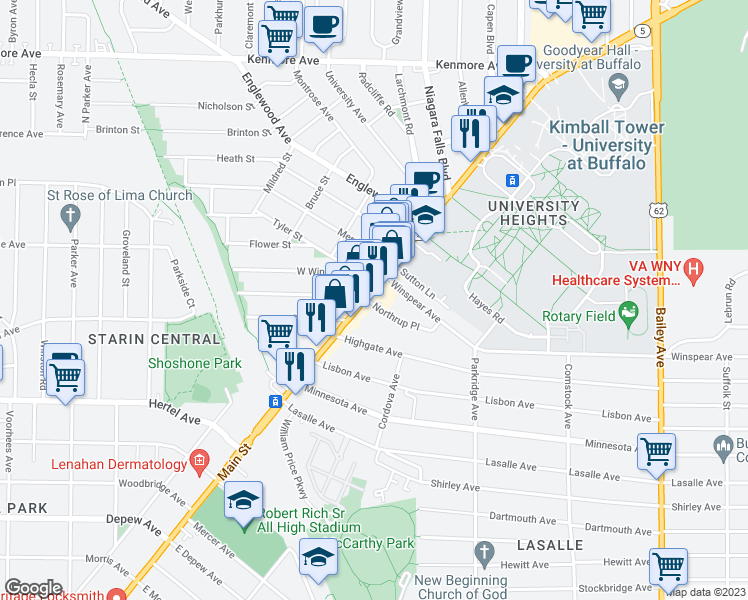 map of restaurants, bars, coffee shops, grocery stores, and more near 3191 Main Street in Buffalo