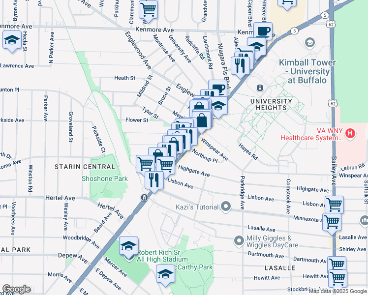 map of restaurants, bars, coffee shops, grocery stores, and more near 3172 Main Street in Buffalo
