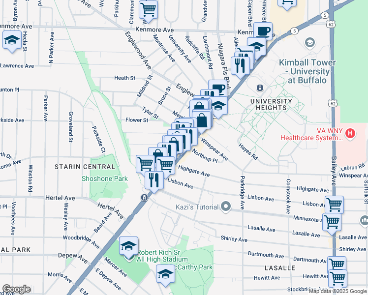 map of restaurants, bars, coffee shops, grocery stores, and more near 3172 Main Street in Buffalo
