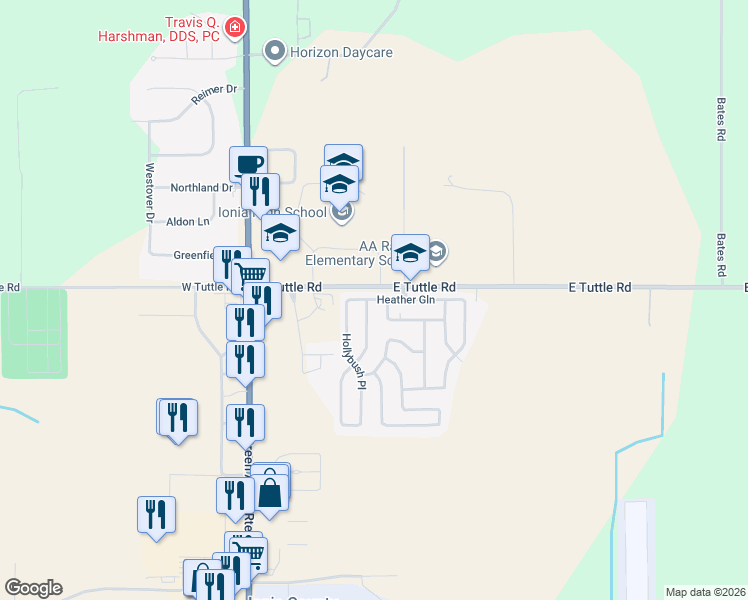 map of restaurants, bars, coffee shops, grocery stores, and more near 186-206 East Tuttle Road in Ionia