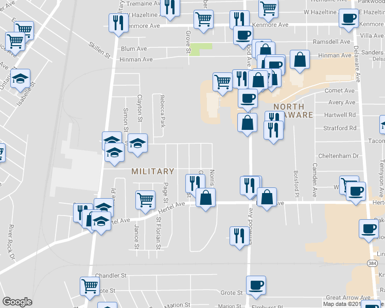 map of restaurants, bars, coffee shops, grocery stores, and more near 105 Grove Street in Buffalo
