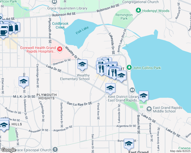 map of restaurants, bars, coffee shops, grocery stores, and more near 655 Lovett Avenue Southeast in Grand Rapids