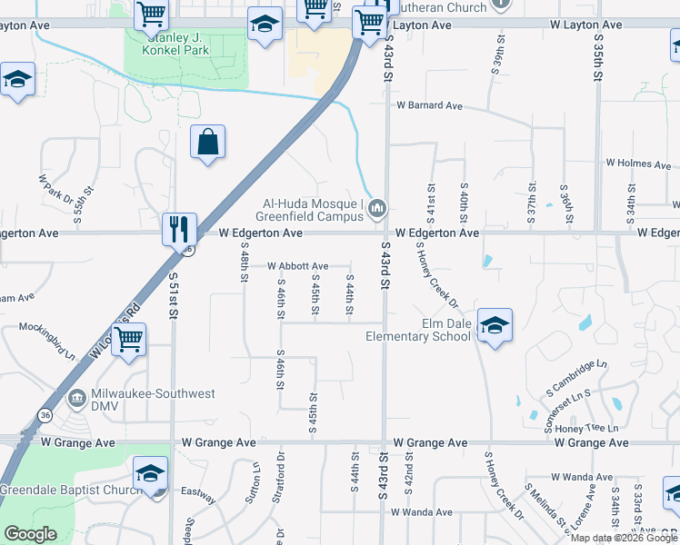map of restaurants, bars, coffee shops, grocery stores, and more near 5163 South 44th Street in Greenfield