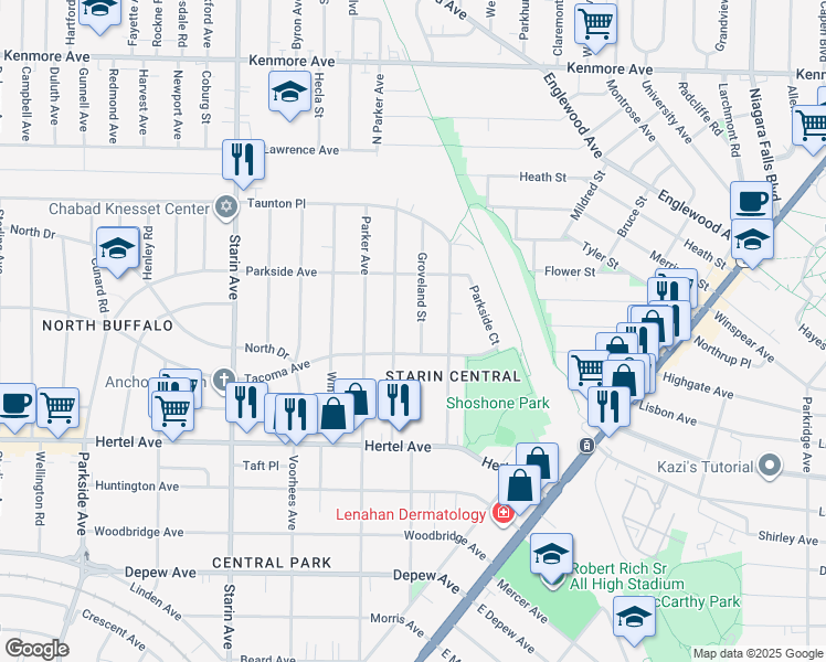 map of restaurants, bars, coffee shops, grocery stores, and more near 26 Groveland Street in Buffalo