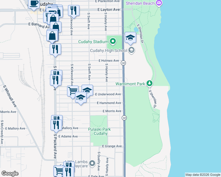 map of restaurants, bars, coffee shops, grocery stores, and more near 3915 East Pulaski Avenue in Cudahy