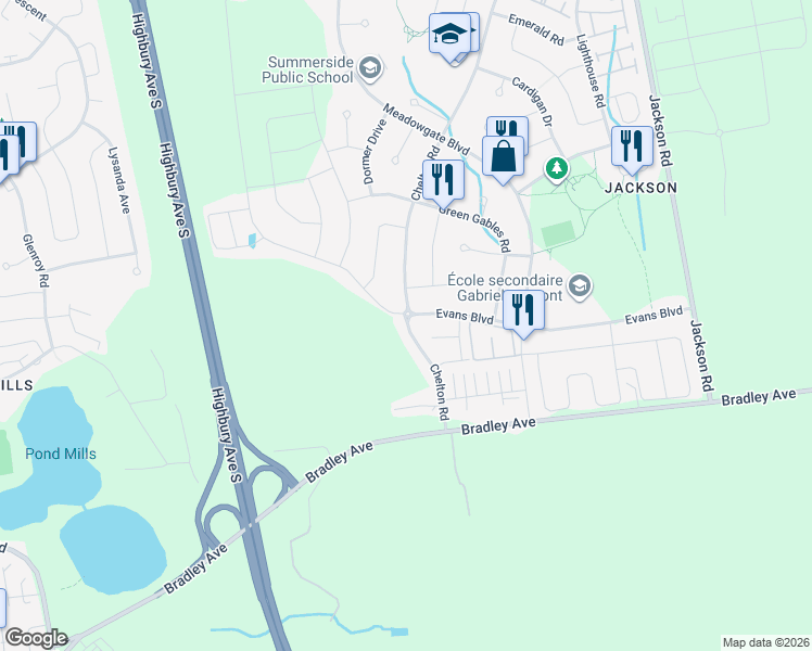 map of restaurants, bars, coffee shops, grocery stores, and more near 2224 Evans Boulevard in London