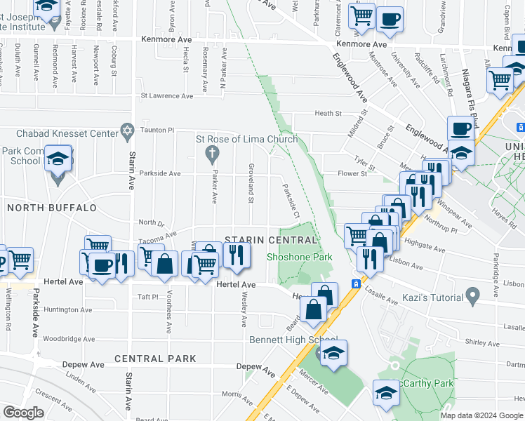 map of restaurants, bars, coffee shops, grocery stores, and more near 116 Shoshone Street in Buffalo