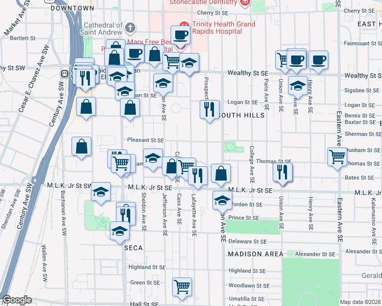 map of restaurants, bars, coffee shops, grocery stores, and more near 622 Lafayette Avenue Southeast in Grand Rapids