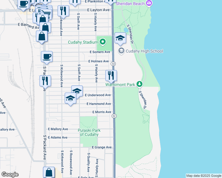 map of restaurants, bars, coffee shops, grocery stores, and more near 5133 South Lake Drive in Cudahy