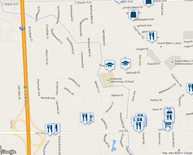 map of restaurants, bars, coffee shops, grocery stores, and more near 5295 Moceri Lane in Grand Blanc