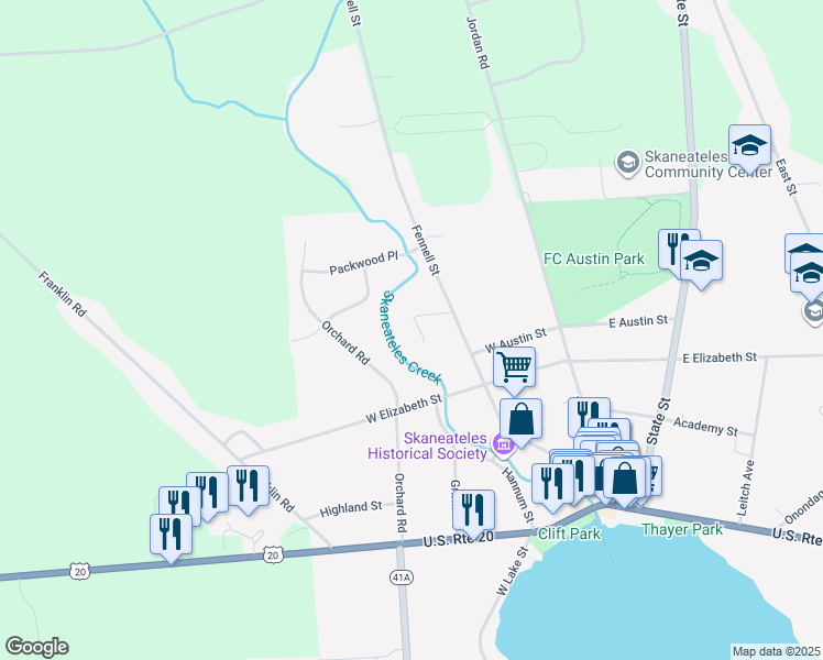 map of restaurants, bars, coffee shops, grocery stores, and more near 79 Fennell Street in Skaneateles