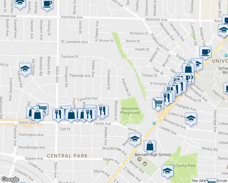 map of restaurants, bars, coffee shops, grocery stores, and more near 125 Shoshone Street in Buffalo