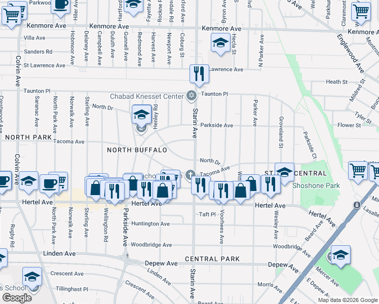 map of restaurants, bars, coffee shops, grocery stores, and more near 390 Starin Avenue in Buffalo