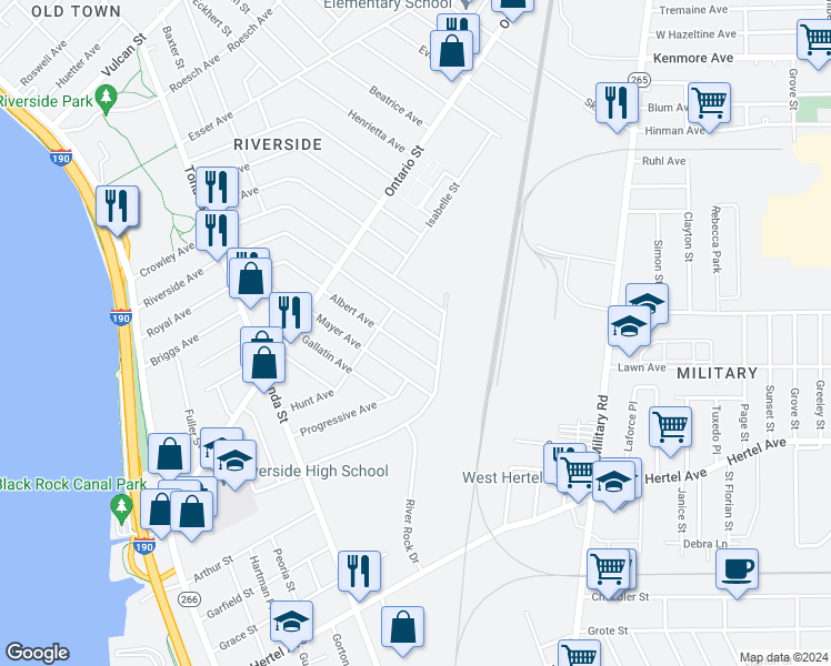 map of restaurants, bars, coffee shops, grocery stores, and more near 331 Riverside Avenue in Buffalo