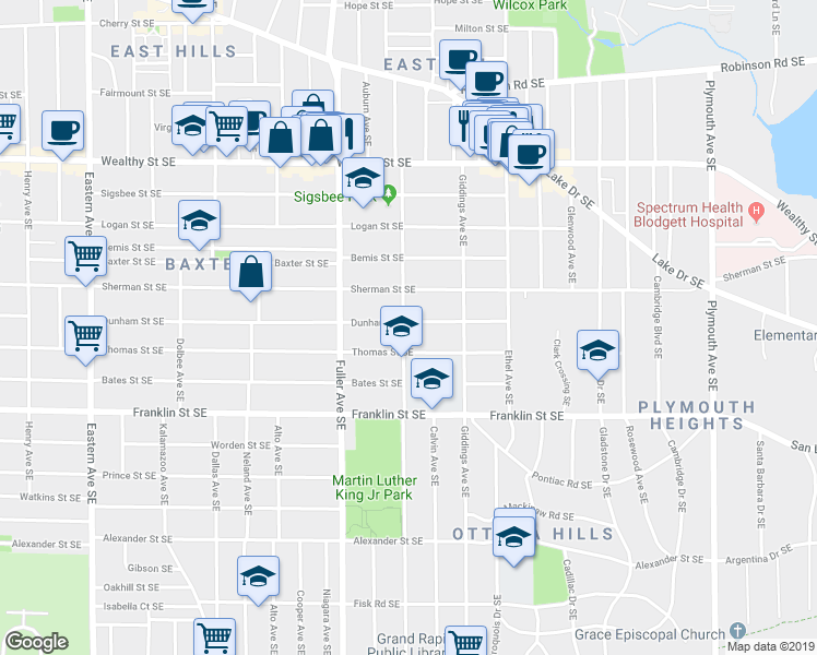 map of restaurants, bars, coffee shops, grocery stores, and more near 1315 Dunham Street Southeast in Grand Rapids