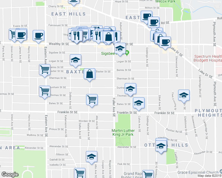 map of restaurants, bars, coffee shops, grocery stores, and more near 627 Fuller Avenue Southeast in Grand Rapids