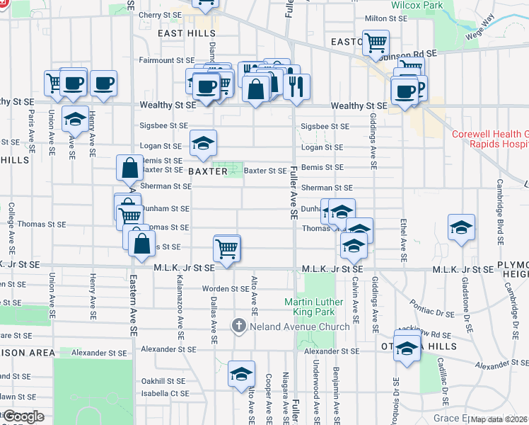 map of restaurants, bars, coffee shops, grocery stores, and more near 1125 Dunham Street Southeast in Grand Rapids