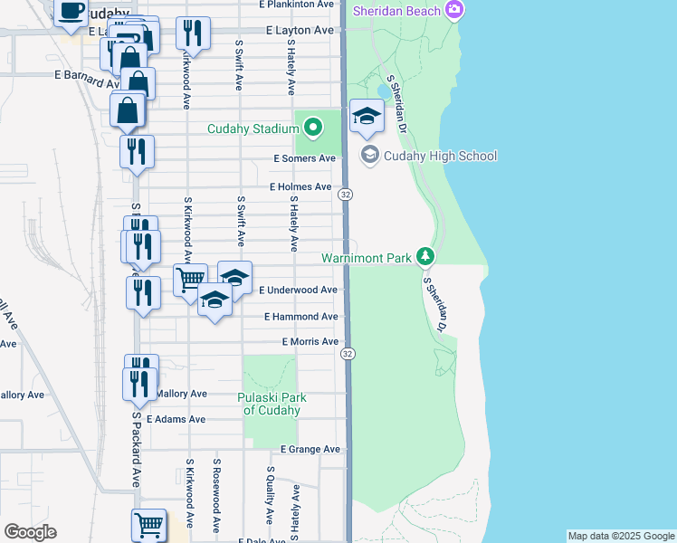 map of restaurants, bars, coffee shops, grocery stores, and more near 5133 South Lake Drive in Cudahy