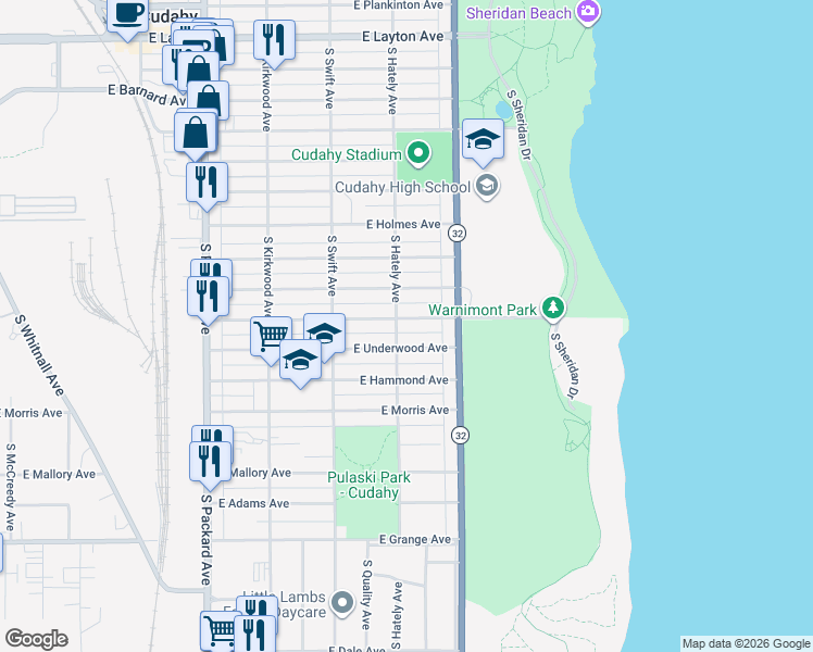 map of restaurants, bars, coffee shops, grocery stores, and more near 3915 East Pulaski Avenue in Cudahy