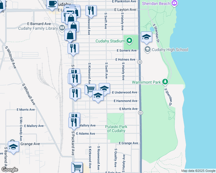 map of restaurants, bars, coffee shops, grocery stores, and more near 3779 East Pulaski Avenue in Cudahy