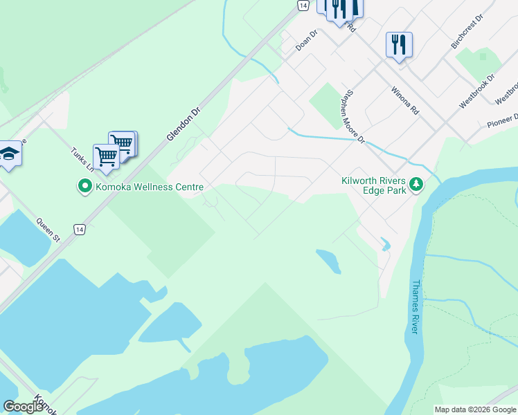 map of restaurants, bars, coffee shops, grocery stores, and more near 70 Benner Boulevard in Middlesex Centre