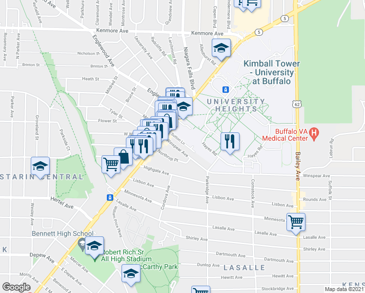 map of restaurants, bars, coffee shops, grocery stores, and more near 46 Winspear Avenue in Buffalo