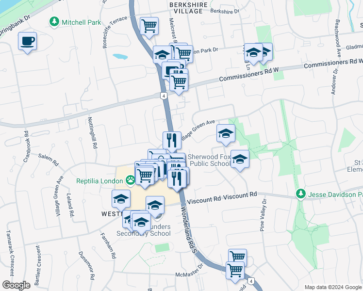 map of restaurants, bars, coffee shops, grocery stores, and more near 505 Village Green Avenue in London