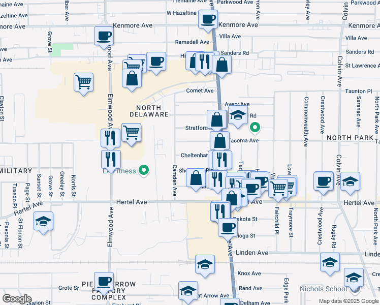 map of restaurants, bars, coffee shops, grocery stores, and more near 71 Cheltenham Drive in Buffalo