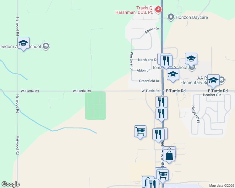 map of restaurants, bars, coffee shops, grocery stores, and more near 345 West Tuttle Road in Ionia