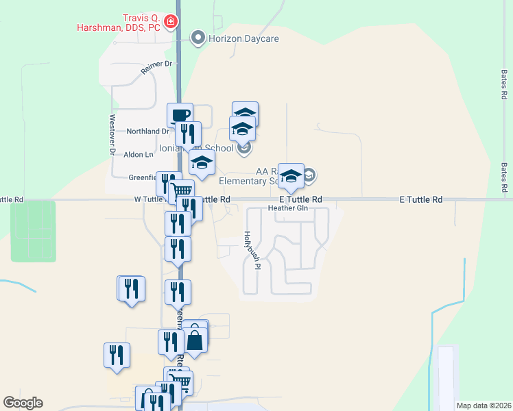 map of restaurants, bars, coffee shops, grocery stores, and more near 186-206 East Tuttle Road in Ionia