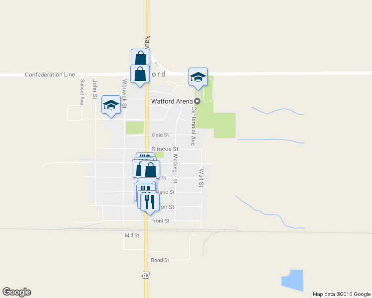 map of restaurants, bars, coffee shops, grocery stores, and more near 589 Simcoe Street in Watford