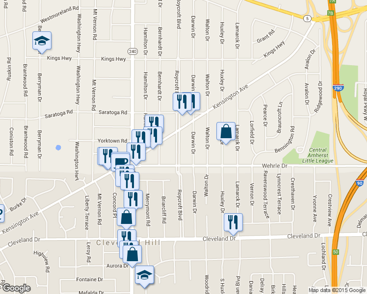 map of restaurants, bars, coffee shops, grocery stores, and more near 410 Roycroft Boulevard in Buffalo