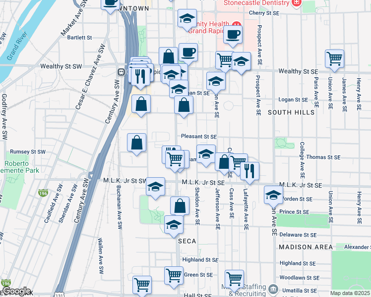map of restaurants, bars, coffee shops, grocery stores, and more near 2390 Cornwall Avenue Southeast in Grand Rapids
