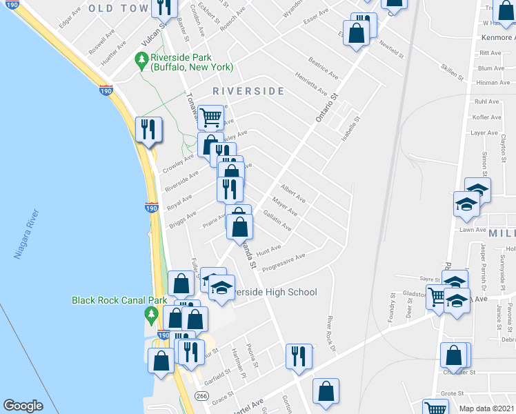 map of restaurants, bars, coffee shops, grocery stores, and more near Ontario Street & Gallatin Avenue in Buffalo
