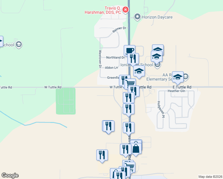 map of restaurants, bars, coffee shops, grocery stores, and more near 131 West Tuttle Road in Ionia