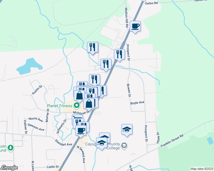 map of restaurants, bars, coffee shops, grocery stores, and more near 236 New York 5 in Auburn