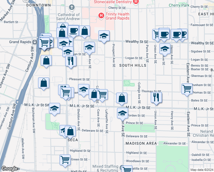 map of restaurants, bars, coffee shops, grocery stores, and more near 620 Lafayette Avenue Southeast in Grand Rapids