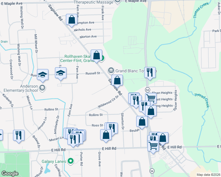 map of restaurants, bars, coffee shops, grocery stores, and more near 5418 Saginaw Road in Flint