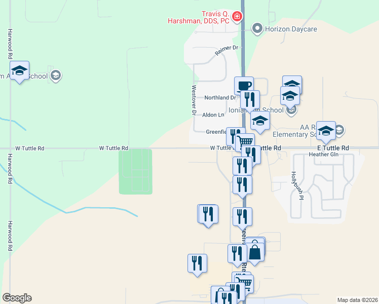 map of restaurants, bars, coffee shops, grocery stores, and more near 263 West Tuttle Road in Ionia