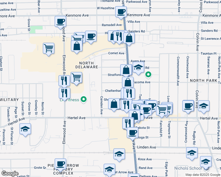 map of restaurants, bars, coffee shops, grocery stores, and more near 71 Cheltenham Drive in Buffalo