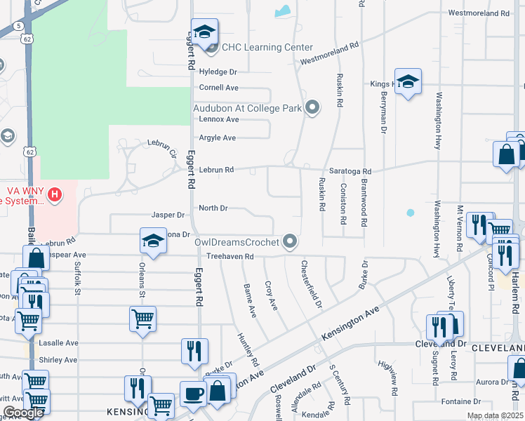 map of restaurants, bars, coffee shops, grocery stores, and more near 116 North Drive in Buffalo