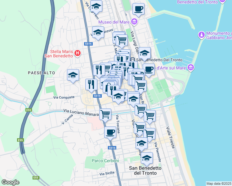 map of restaurants, bars, coffee shops, grocery stores, and more near 85 Via XX Settembre in San Benedetto del Tronto