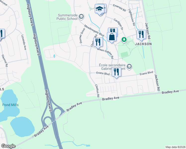 map of restaurants, bars, coffee shops, grocery stores, and more near 2224 Evans Boulevard in London
