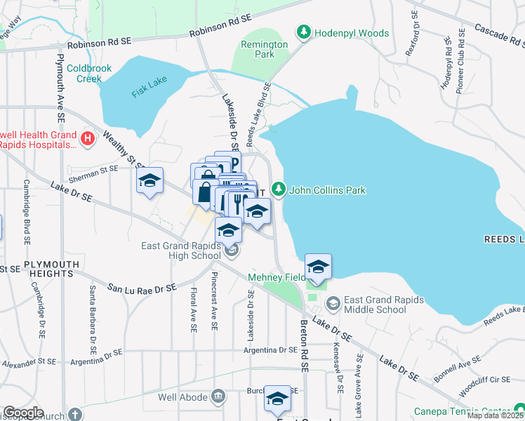 map of restaurants, bars, coffee shops, grocery stores, and more near 2311 Wealthy Street Southeast in Grand Rapids