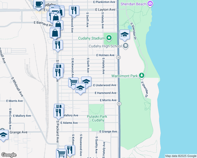 map of restaurants, bars, coffee shops, grocery stores, and more near 3853 East Pulaski Avenue in Cudahy
