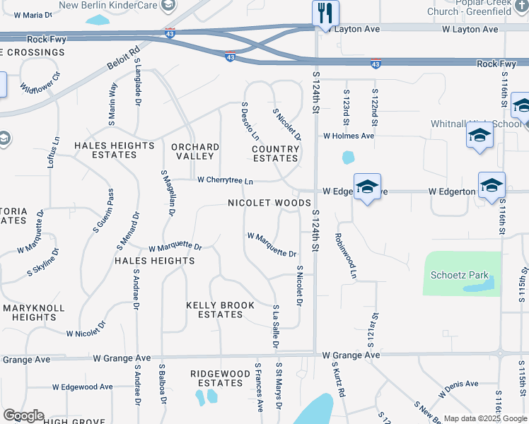 map of restaurants, bars, coffee shops, grocery stores, and more near 12655 Barbary Court in New Berlin