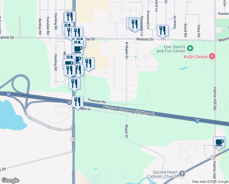 map of restaurants, bars, coffee shops, grocery stores, and more near 10 Wainwright Court in Buffalo
