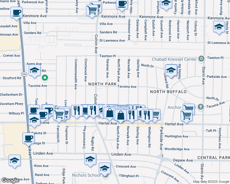 map of restaurants, bars, coffee shops, grocery stores, and more near 236 North Park Avenue in Buffalo